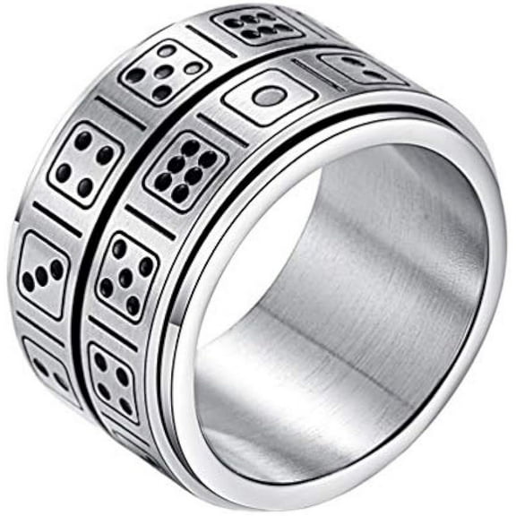Men's Stainless Steel 14mm Wide Spinner Ring Band Creative Dice Pattern Design Double Layers