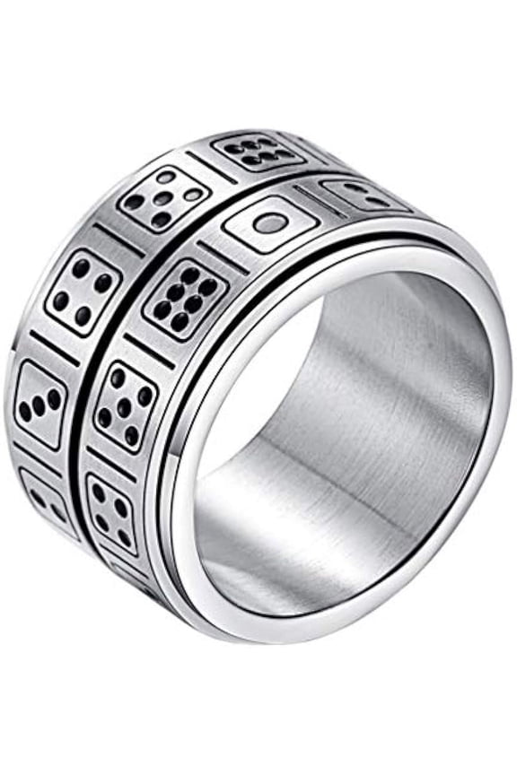 Men's Stainless Steel 14mm Wide Spinner Ring Band Creative Dice Pattern Design Double Layers