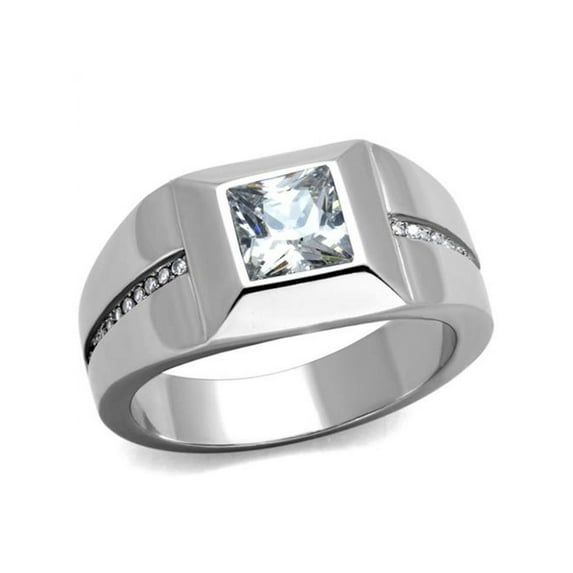 Men's Stainless Steel 316 Cushion Cut Cubic Zirconia Flush Setting Ring Size 10