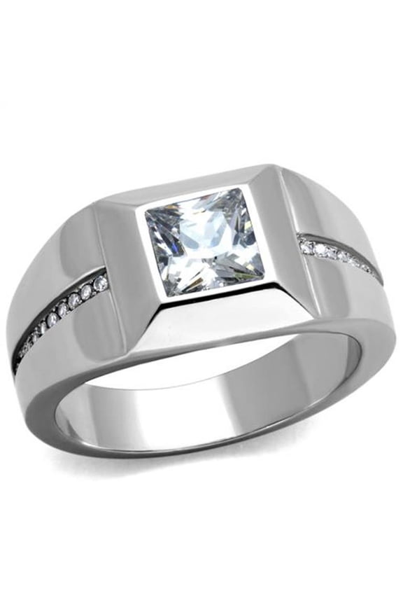 Men's Stainless Steel 316 Cushion Cut Cubic Zirconia Flush Setting Ring Size 10