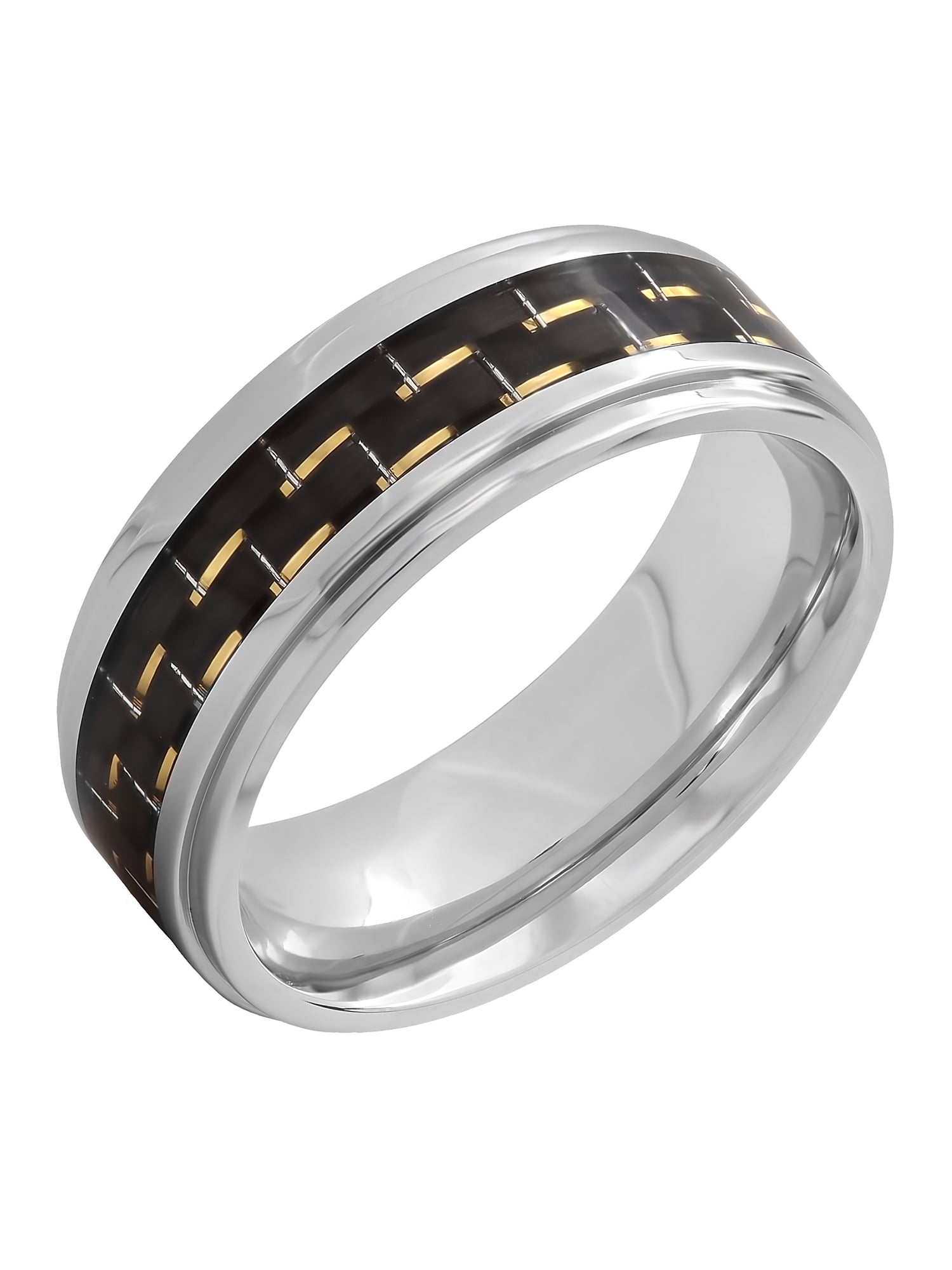 Men's Stainless Steel 8MM Black and Gold Carbon Fiber Wedding Band - Mens Ring
