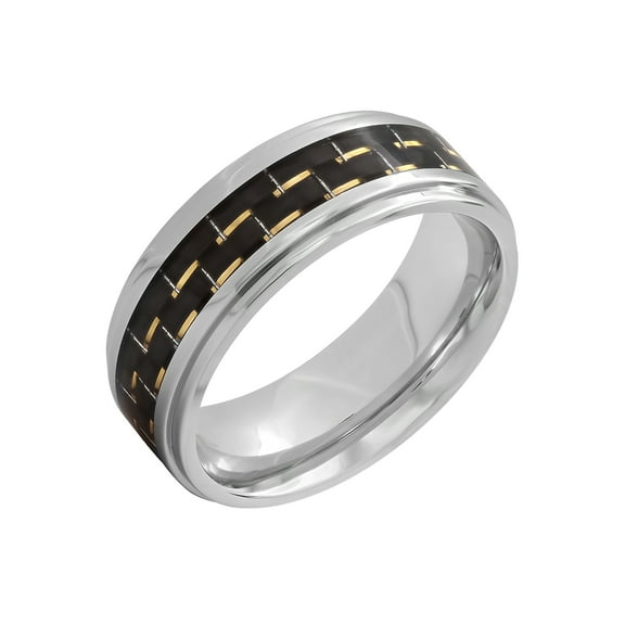 Men's Stainless Steel 8MM Black and Gold Carbon Fiber Wedding Band - Mens Ring