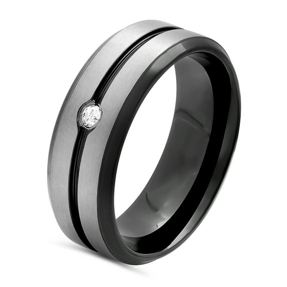 Men's Stainless Steel 8MM Diamond Accent Two-Tone Grooved Wedding Band - Mens Ring