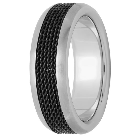 Men’s Stainless Steel 8mm Two-Tone Black Mesh Wedding Band - Mens Ring