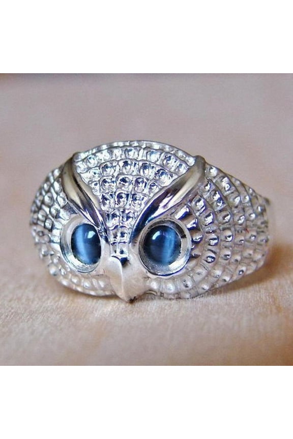 Men's Stainless Steel 925 Sterling Silver Ring Creative Blue owl Eye Owl Ring Vintage Halloween Christmas Ring Size 6-10 (Size 10)