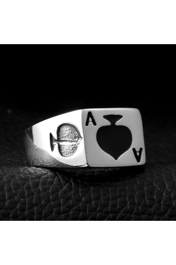 Men's Stainless Steel Ace of Spades Poker Card Lucky Ring Multicolor