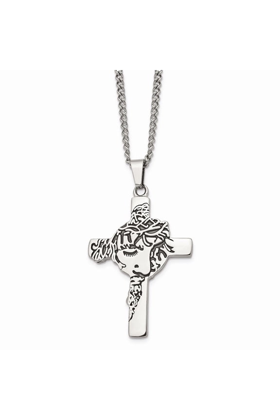Men's Stainless Steel Antiqued and Jesus Face Cross Necklace Fine Jewelry For Men Gifts For Him, 24"