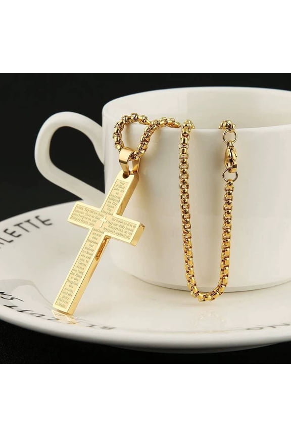 Men's Stainless Steel Bible Verse Cross Pendant Necklace, Black/Gold Tone Cuban/Box Chain, Religious Faith Jewelry for Men & Teens