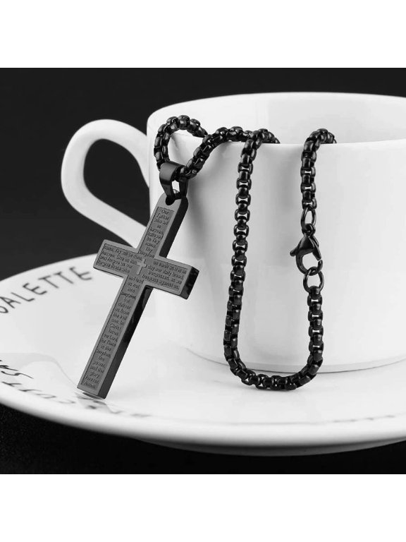 Men's Stainless Steel Bible Verse Cross Pendant Necklace, Black/Gold Tone Cuban/Box Chain, Religious Faith Jewelry for Men & Teens