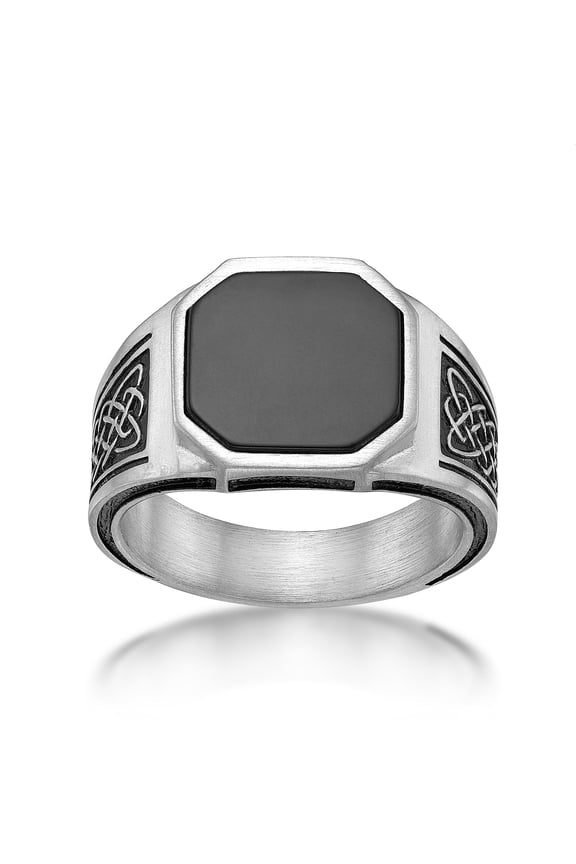 Men's Stainless Steel Black Agate and Black Resin Ring