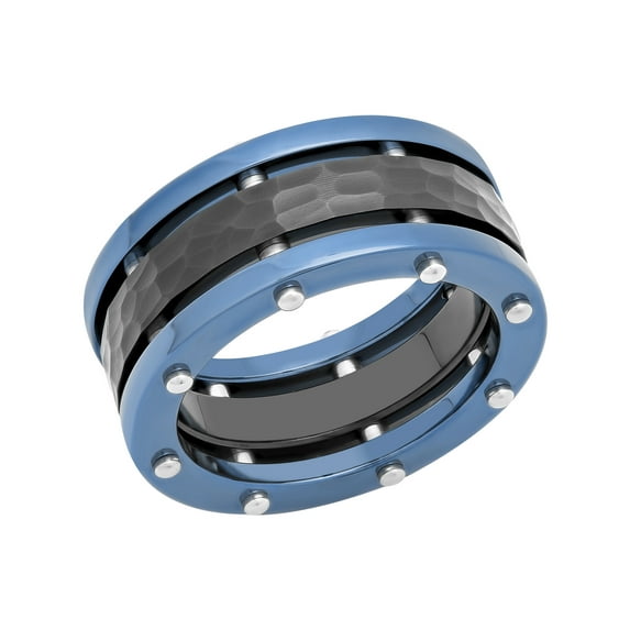 Men’s Stainless Steel Black & Blue IP Hammered Finish Band – Mens Ring