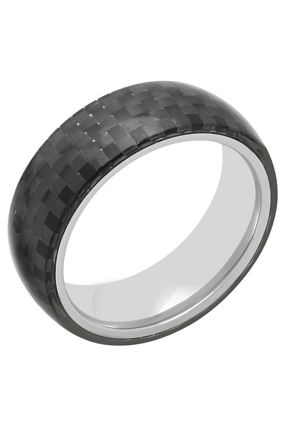 Men’s Stainless Steel & Black Carbon Fiber Domed Band – Mens Ring