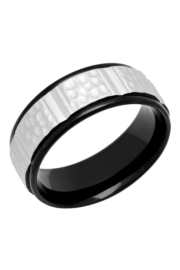 Men’s Stainless Steel Black IP Grooved Hammered Finish Band – Mens ring