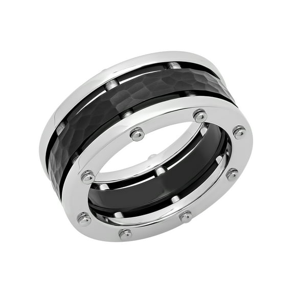 Men’s Stainless Steel & Black IP Hammered Finish Band – Mens Ring