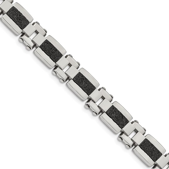 Men's Stainless Steel Black Ion Plated Textured Wire Inlay Bracelet Fine Jewelry For Men Gifts for Him, 8.5"
