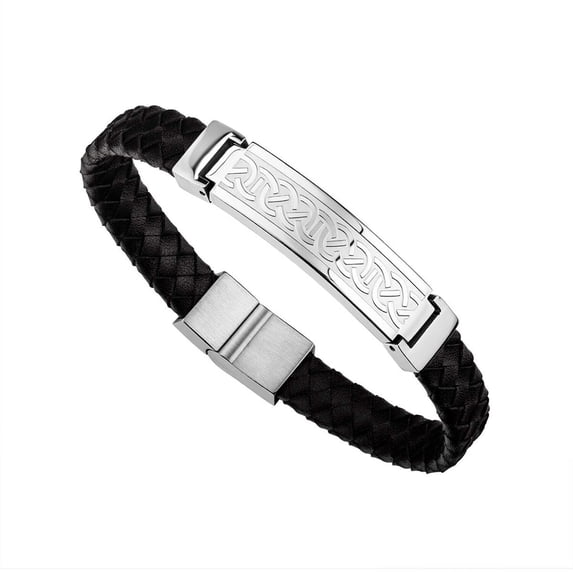 Men's Stainless Steel Black Leather Celtic Knot Bracelet