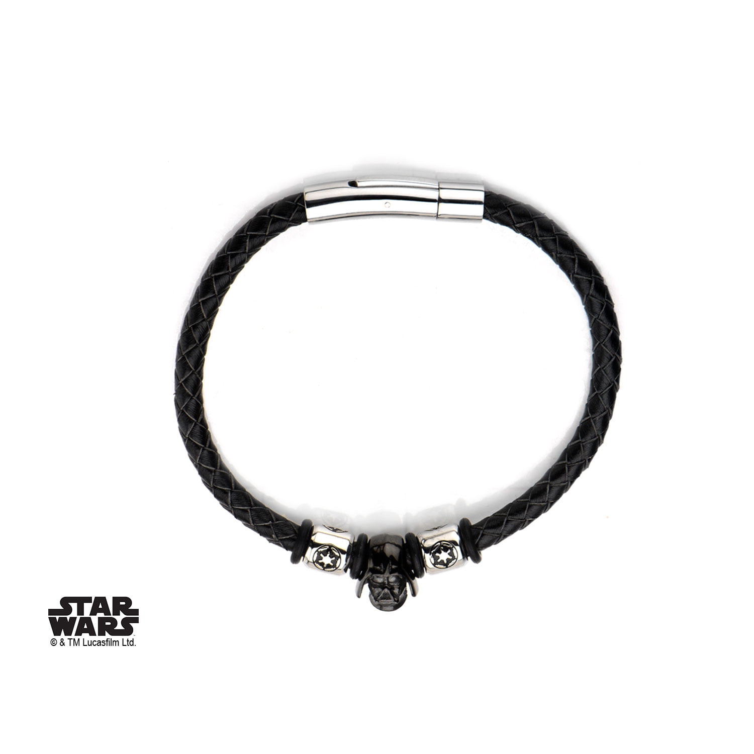 Men's Stainless Steel Black PVD Plated Darth Vader Helmet and Galactic Empire Symbol Beads on Leather Wrap Bracelet