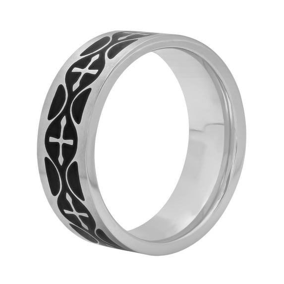 Men's Stainless Steel Black and White Cross Ring