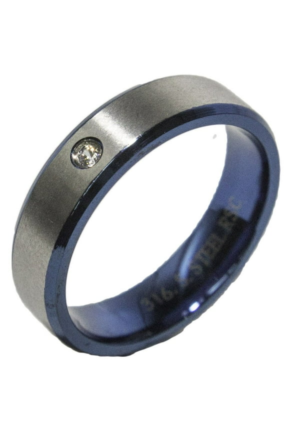 Men's Stainless Steel Blue Accent Single CZ Dress Ring 025