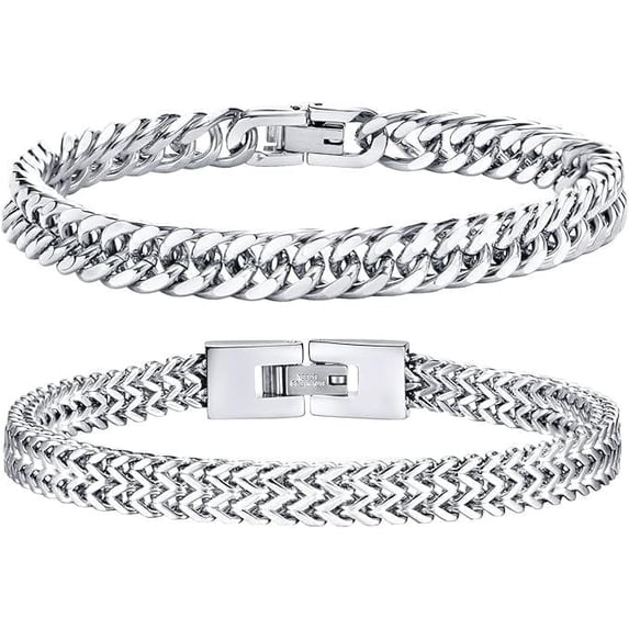 Men's Stainless Steel Bracelets Panzer Chain - 2 Pieces Silver Black Gold Men's Bracelets for Men Boys Cuban Bracelet 8mm Width 19cm/20cm/21cm/22cm/23cm Length Gifts for Husband Dad Son Brother