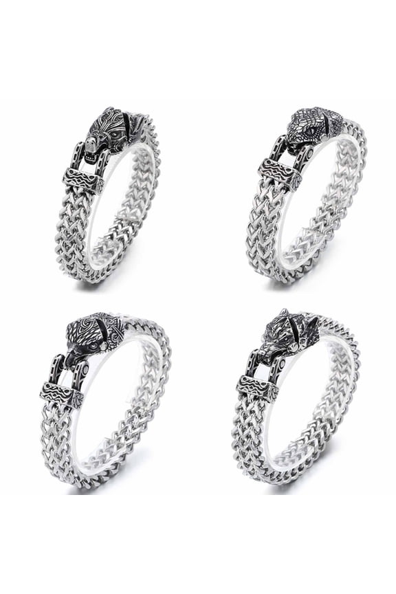 Men's Stainless Steel Braided Bracelet, Adjustable Multi-Size Chain Jewelry with Gift Box, Hypoallergenic Rustproof Biker Punk Viking Accessory Wolf 24cm