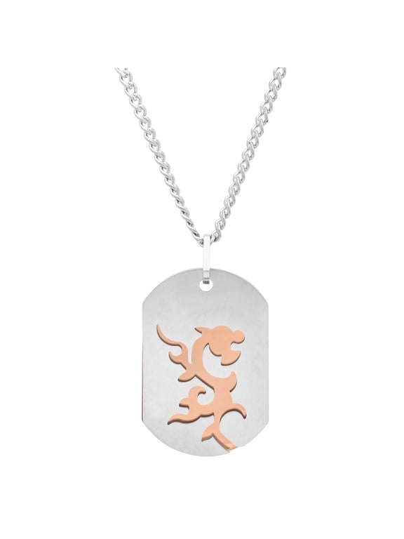 Men’s Stainless Steel Brown Tribal Dragon Dog Tag Pendant with Cuban Chain Necklace, 24”