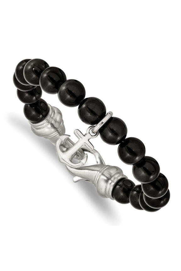 Men's Stainless Steel Brushed Black Agate Beads Anchor Bracelet Fine Jewelry For Men Gifts For Him, 8"