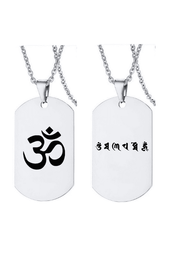 Men's Stainless Steel Buddhist OM Symbol Jewelry for Protection, Om mani Padme Hum Engraved Necklace Tibetan Sanskrit Mantra Pendant Chain Blessing Meditation Gifts for Man Women, Silver