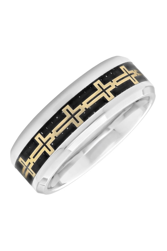 Men's Stainless Steel Carbon Fiber and Yellow Cross Inlay Ring, 8mm