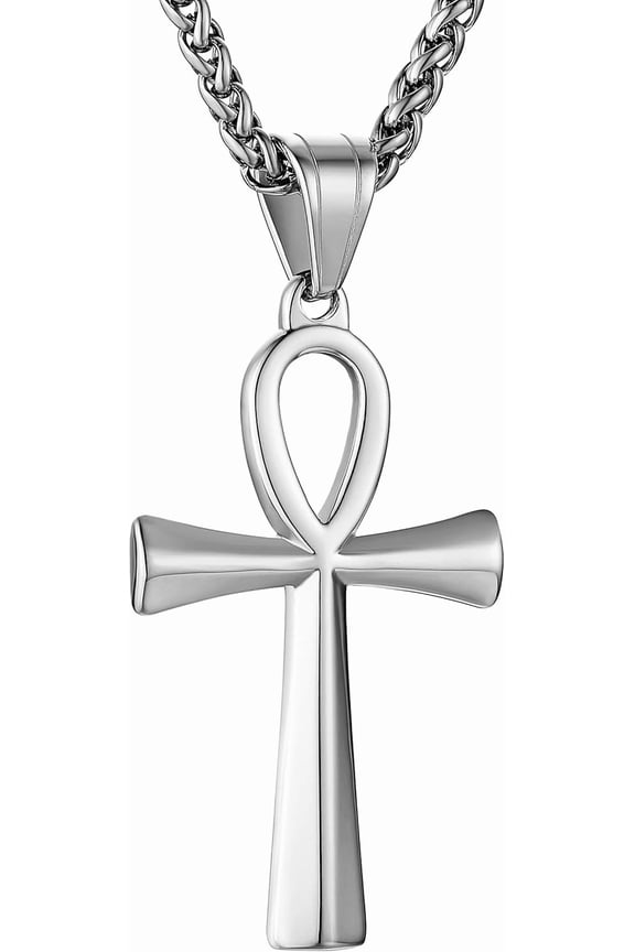 Men's Stainless Steel Coptic Ankh Cross Religious Pendant Necklace, 22+2" Rope Chain