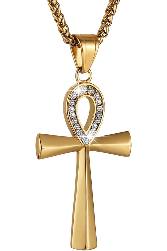 Men's Stainless Steel Coptic Ankh Cross Religious Pendant Necklace, 22+2" Rope Chain