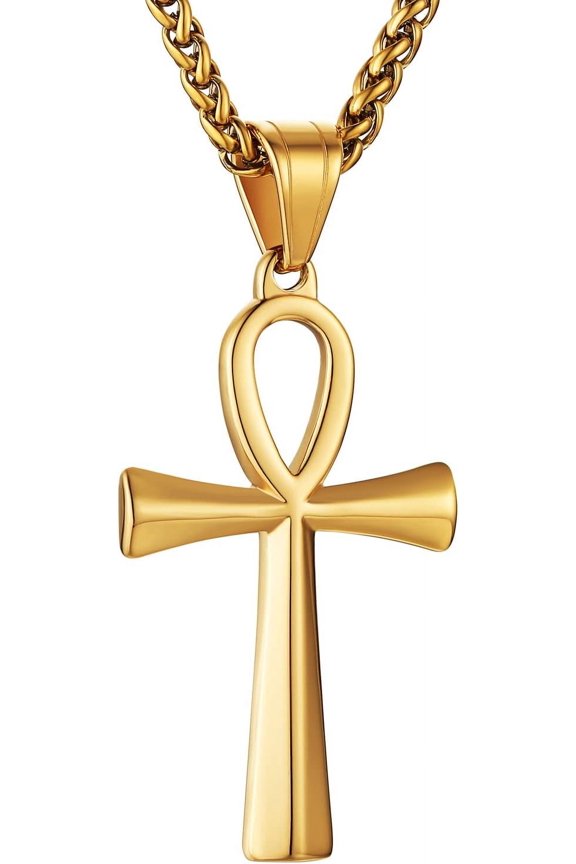 Men's Stainless Steel Coptic Ankh Cross Religious Pendant Necklace, 22+2" Rope Chain