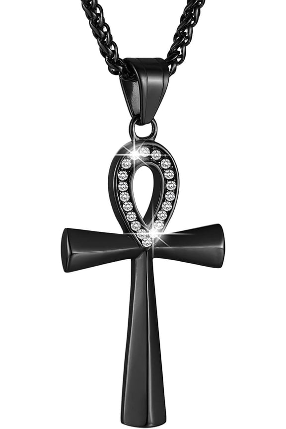 Men's Stainless Steel Coptic Ankh Cross Religious Pendant Necklace, 22+2" Rope Chain