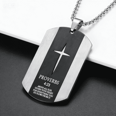 Men's Stainless Steel Cross Dog Tag Necklace - Philippians 4:13 / Proverbs 4:23 / Joshua 1:9 Engraved Religious Pendant, Faith Jewelry for Men, Trendy Streetwear Accessory for Daily Wear, Baptism & B