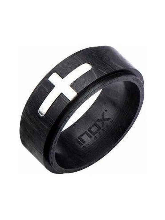Men's Stainless Steel Cross Inlayed in Solid Carbon Graphite Ring-8mm