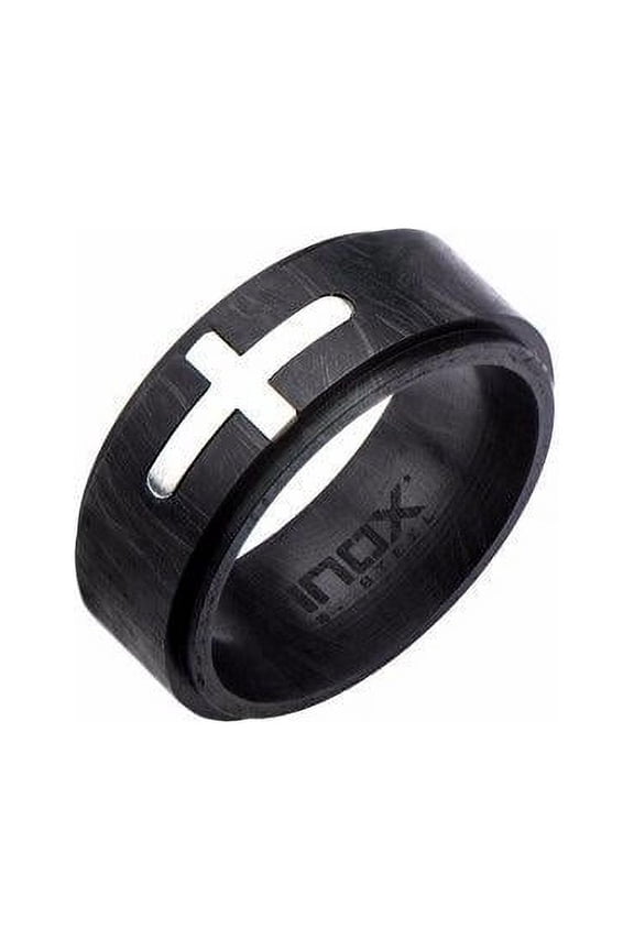 Men's Stainless Steel Cross Inlayed in Solid Carbon Graphite Ring-8mm