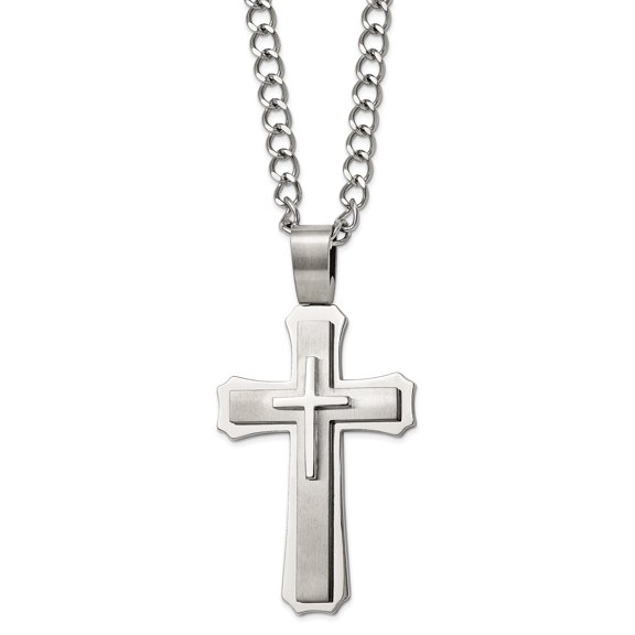 Stainless Steel Cross Pendant Necklace with 24-Inch Curb Chain for Men