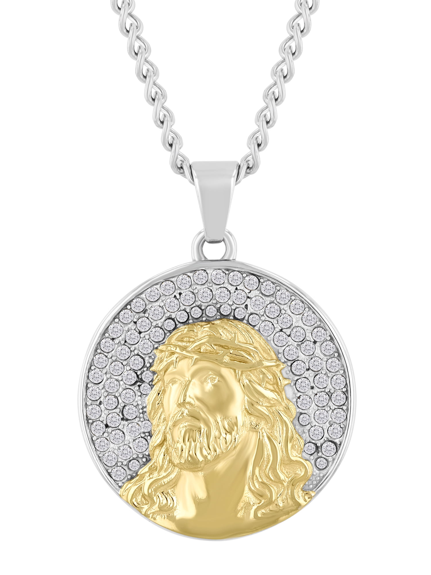 Men's Stainless Steel Crystal Religious Medallion Pendant