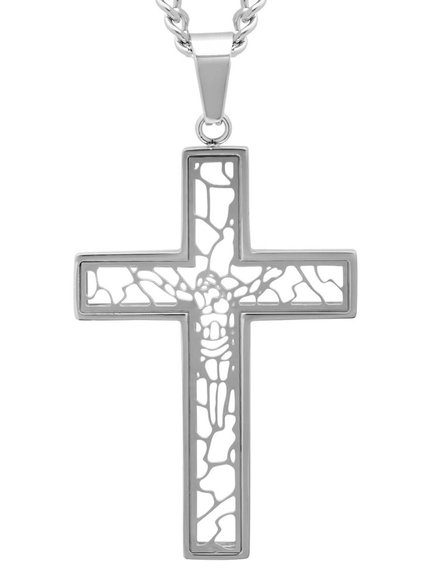 Men's Stainless Steel Cut-Out Crucifix Cross Pendant Necklace Chain
