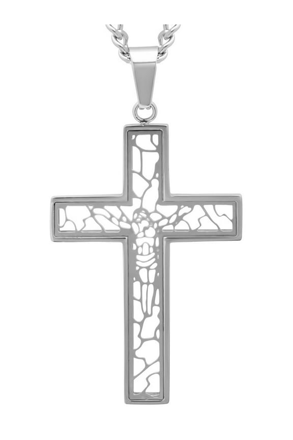 Men's Stainless Steel Cut-Out Crucifix Cross Pendant Necklace Chain