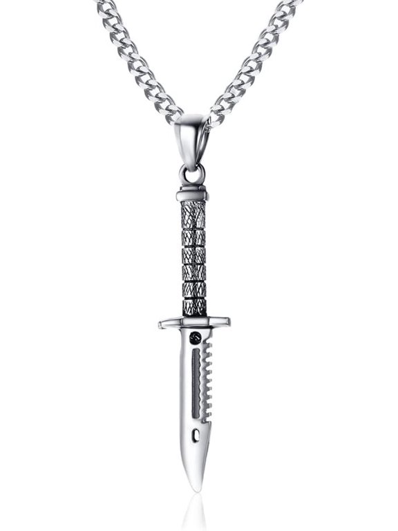 Men's Stainless Steel Dagger Knife Weapon Charm Pendant Necklace Punk Gothic Biker,Free Curb Chian (Silver)