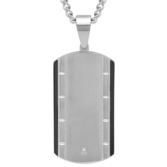 Men's Stainless Steel Diamond Accent Black Outlined Dog Tag Pendant with Curb Chain - Mens Clearance Necklace, 24"