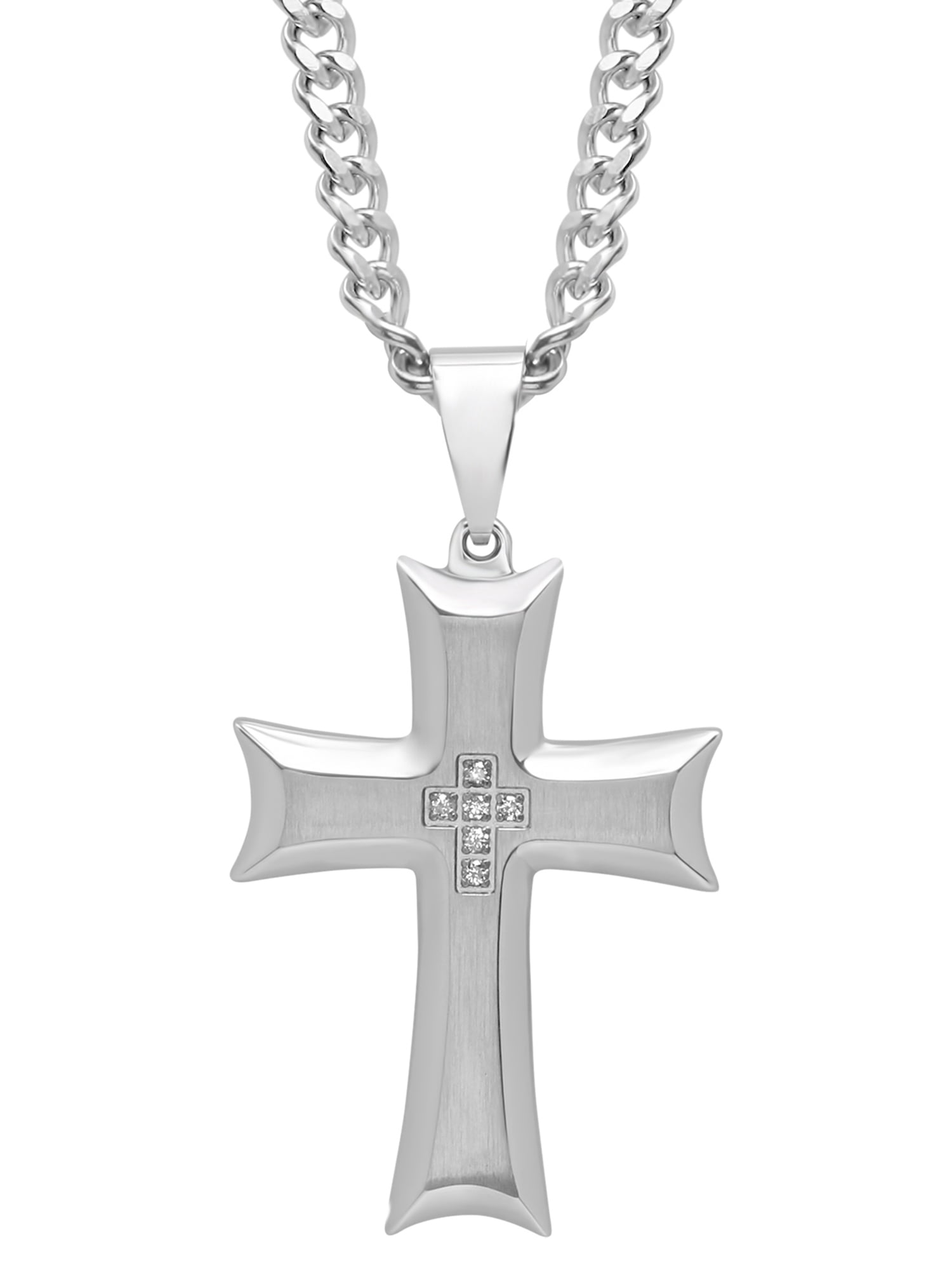 Men s Stainless Steel Diamond Accent Cross Pendant Necklace Walmart