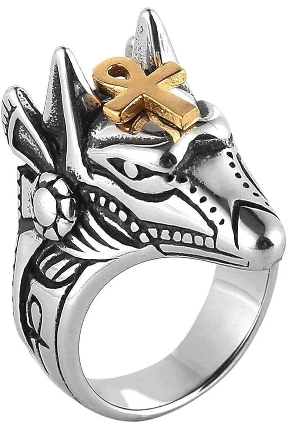 Men's Stainless Steel Egyptian God Anubis Ring Vintage Gold Plated Ankh Cross Ring Jewelry