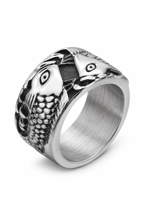 Men’s Stainless Steel Fish Ring, Wide Band Animal Motif for Men, Raised Scale Pattern Statement Accessory for Daily Wear, Party Looks, Gift for Him, Sizes 9-11