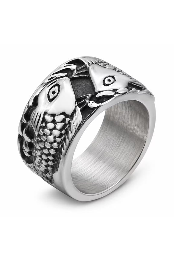 Men’s Stainless Steel Fish Ring, Wide Band Animal Motif for Men, Raised Scale Pattern Statement Accessory for Daily Wear, Party Looks, Gift for Him, Sizes 9-11