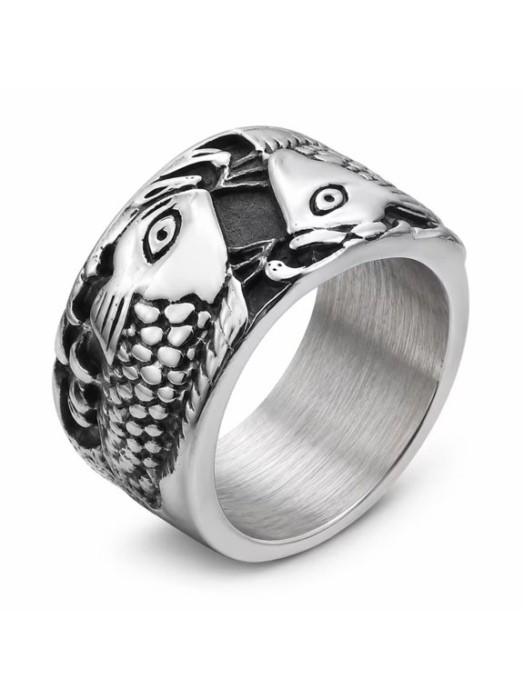 Men’s Stainless Steel Fish Ring, Wide Band Animal Motif for Men, Raised Scale Pattern Statement Accessory for Daily Wear, Party Looks, Gift for Him, Sizes 9-11