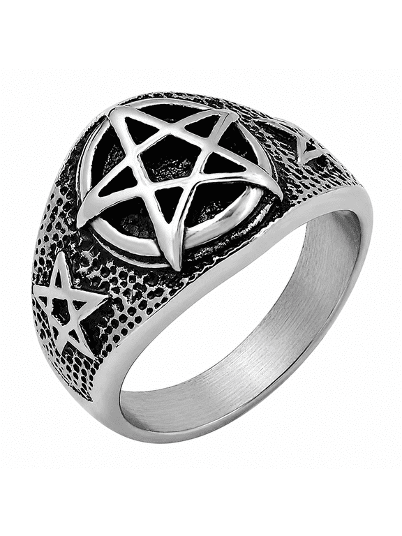Men’s Stainless Steel Five Point Star Ring for Men, Raised Star Emblem Wide Band, Biker Gothic Rock Style, Daily Wear Party Concert Looks, Size 7-13, Birthday Gift for Him