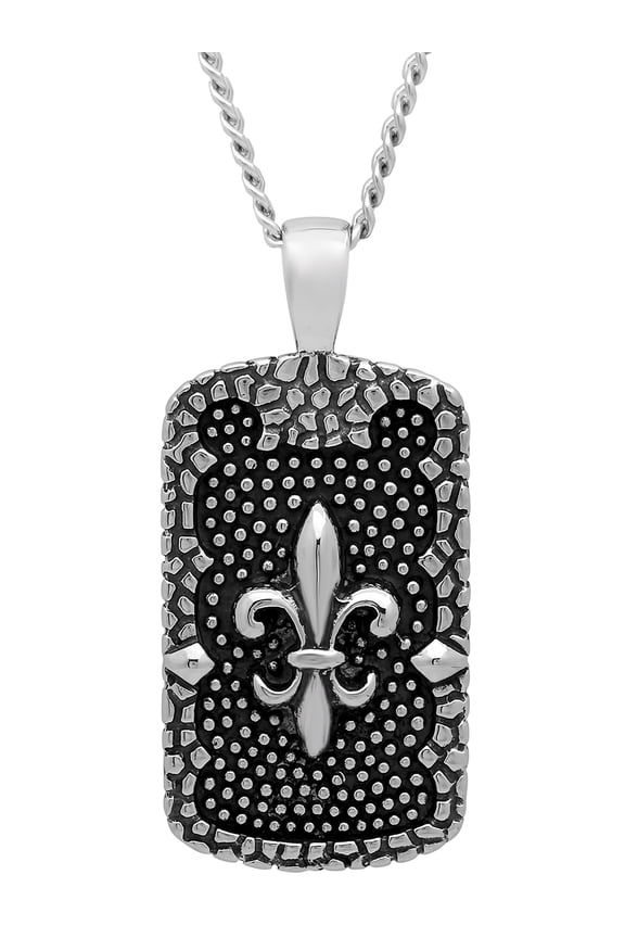Men's Stainless Steel Fleur-De-Lis Dog Tag Pendant Necklace Chain