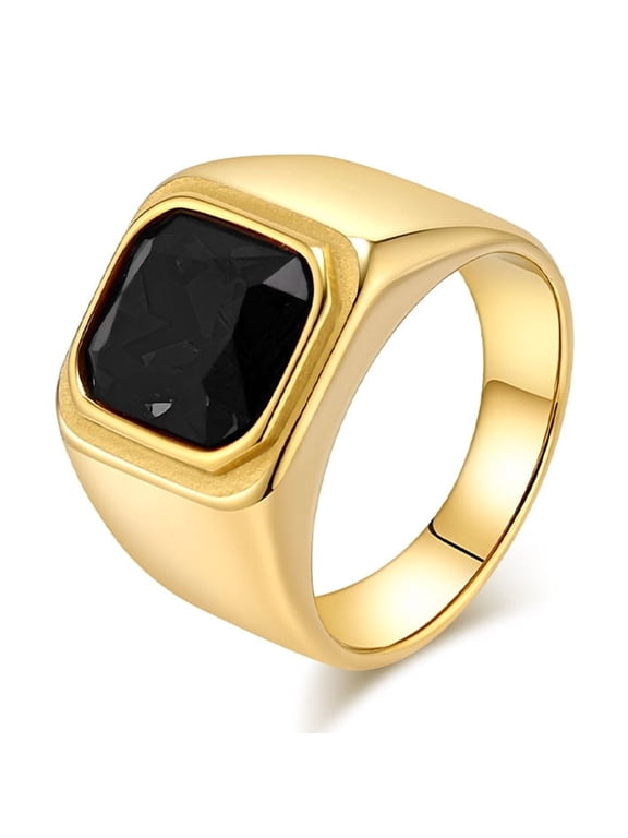 Men's Stainless Steel Gold Plated Ring with Cushion Cut Gemstone Simple Ring Size 7-13